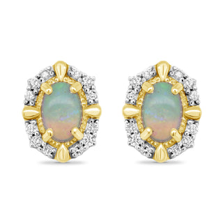 9K Yellow Gold Opal and Diamond Stud Earrings