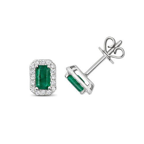 9ct White Gold Diamond and Emerald Stud Earrings