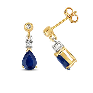 9K Yellow Gold Sapphire & Diamond Drop Earrings