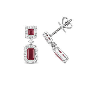 9K White Gold Ruby & Diamond Halo Drop Earrings