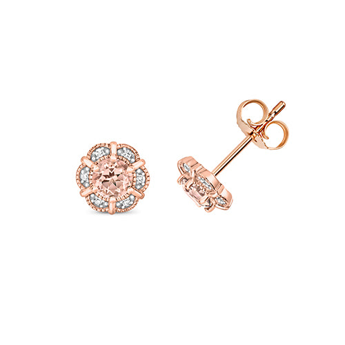 9K Yellow Gold Morganite & Diamond Flower Stud Earrings