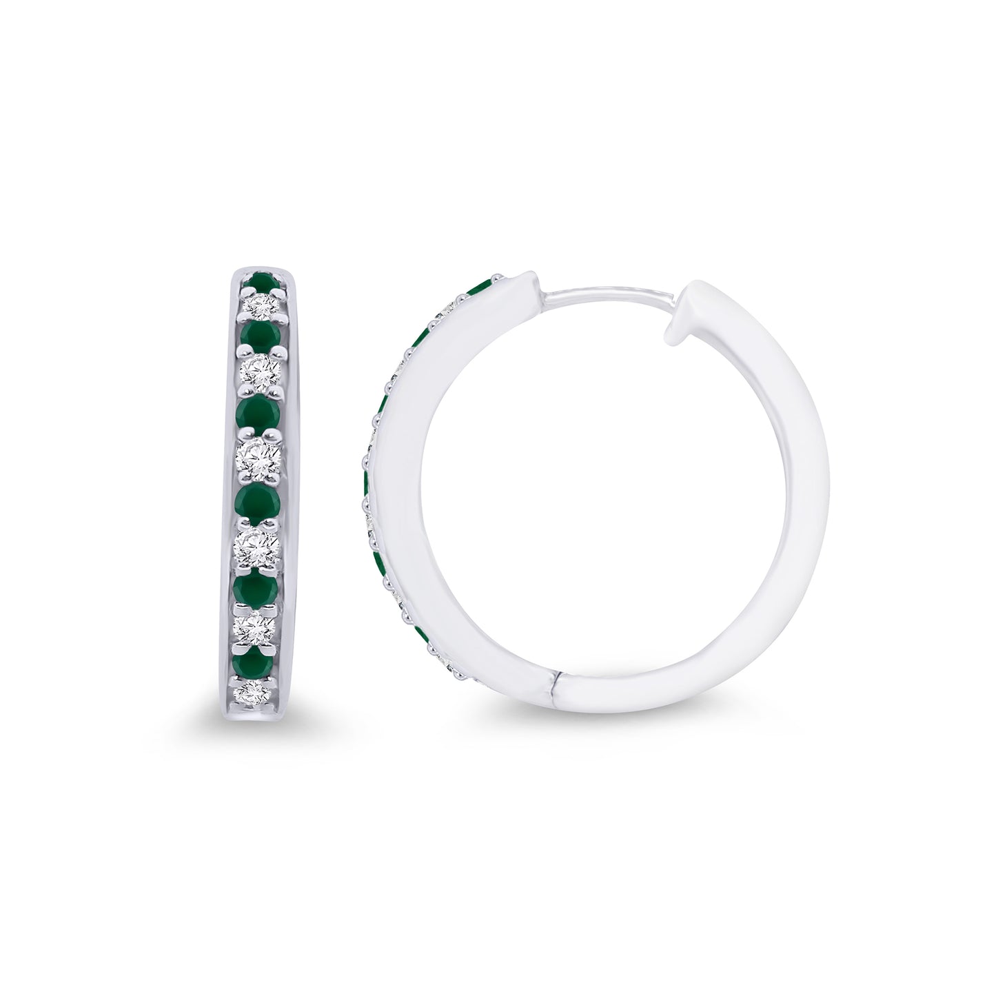 9K White Gold Emerald & Diamond Hoop Earrings