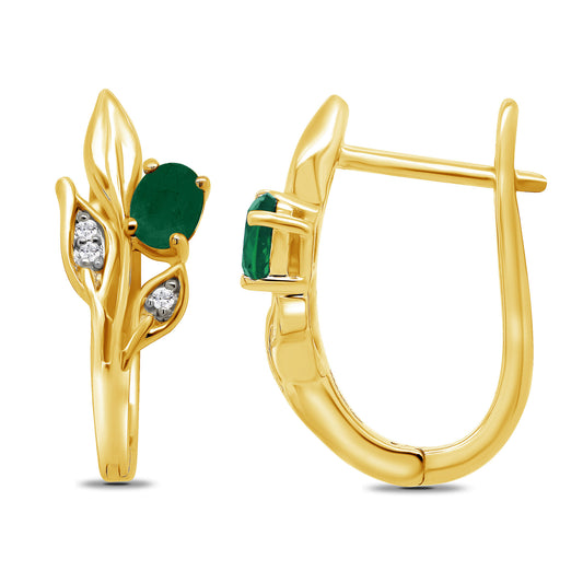 9ct Yellow Gold Emerald & Diamond Leaf Earrings