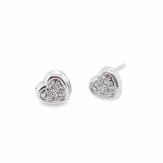 9K White Gold Mini Cubic Zirconia Heart Stud Earrings