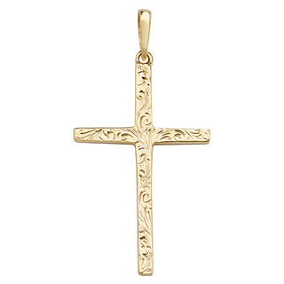 9K Yellow Gold 35mm Engraved Flourish Cross Pendant
