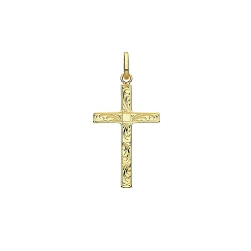 9ct Yellow Gold Semi-Solid Engraved Cross Pendant