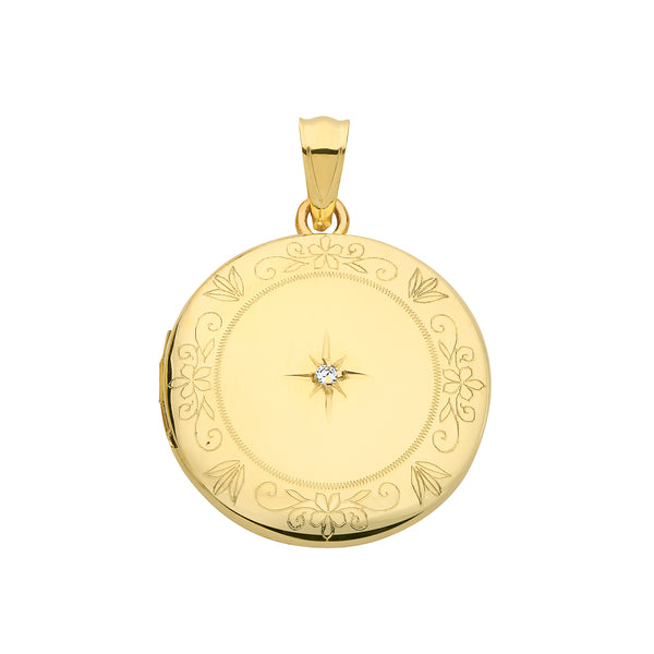 9K Yellow Gold Engraved Star Set Diamond Round Locket