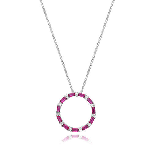 Sterling Silver Rhodium Plated Red CZ Circle Necklace
