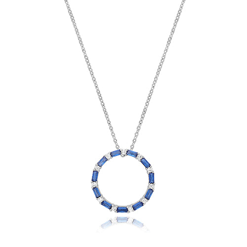 Sterling Silver Rhodium Plated Blue CZ Circle Necklace