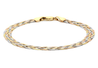 9ct 3-Coloured Gold 6-Plait Textured Herringbone Bracelet