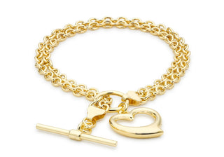 9K Yellow Gold Belcher T-Bar Bracelet & Heart Charm