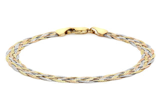 9K 3 Colour Gold 6 Strand Woven Herringbone Bracelet 7"