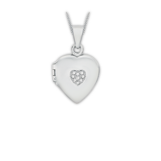 Silver Rhodium Plated CZ Double Heart Locket